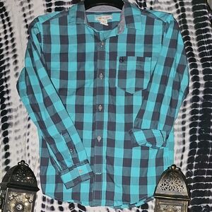 EUC Calvin Klein Youth Boys Teal and Charcoal Plaid Shirt